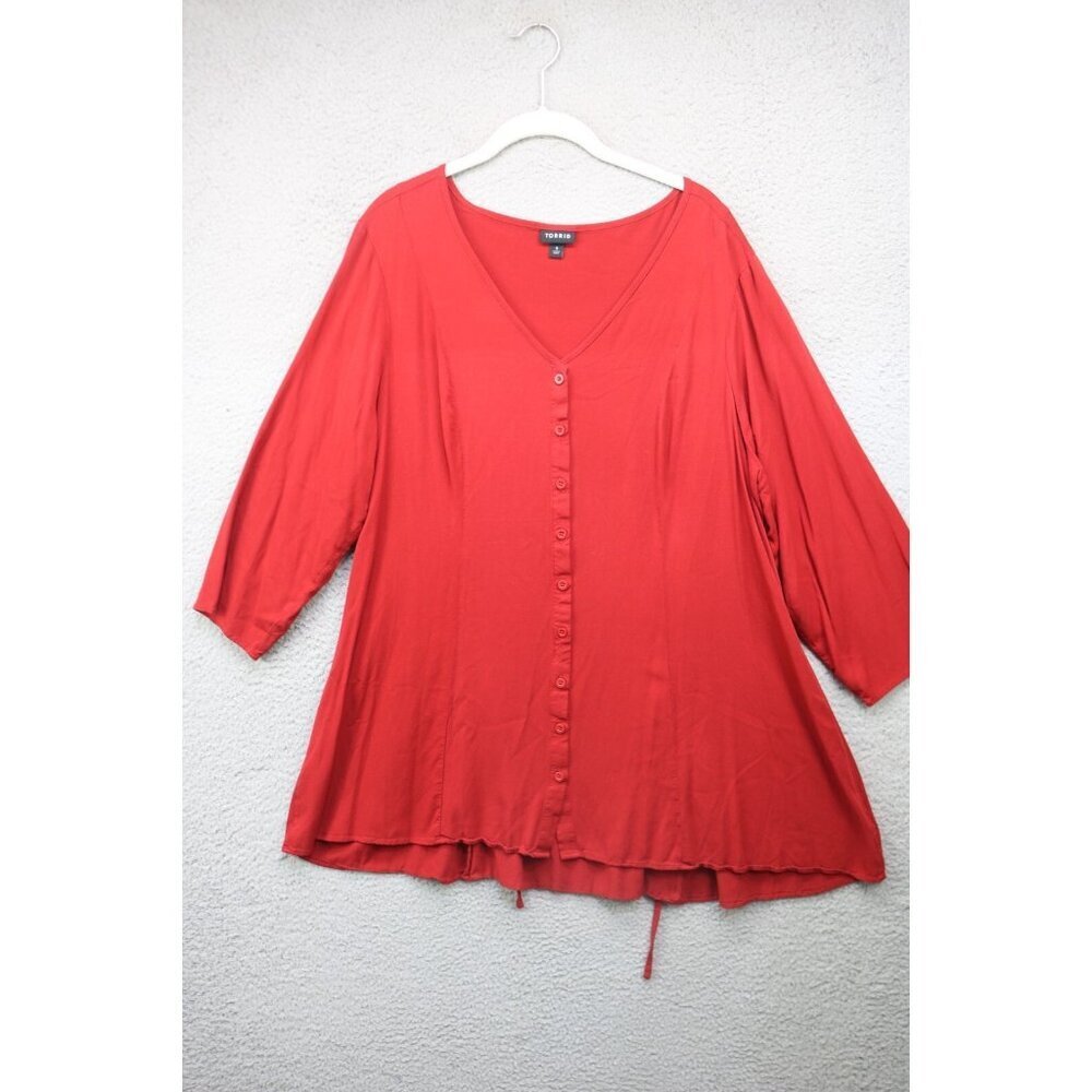 Torrid Red Button Up 3/4 Sleeve Top-Size 3X-Flowy-Back Ties-Office